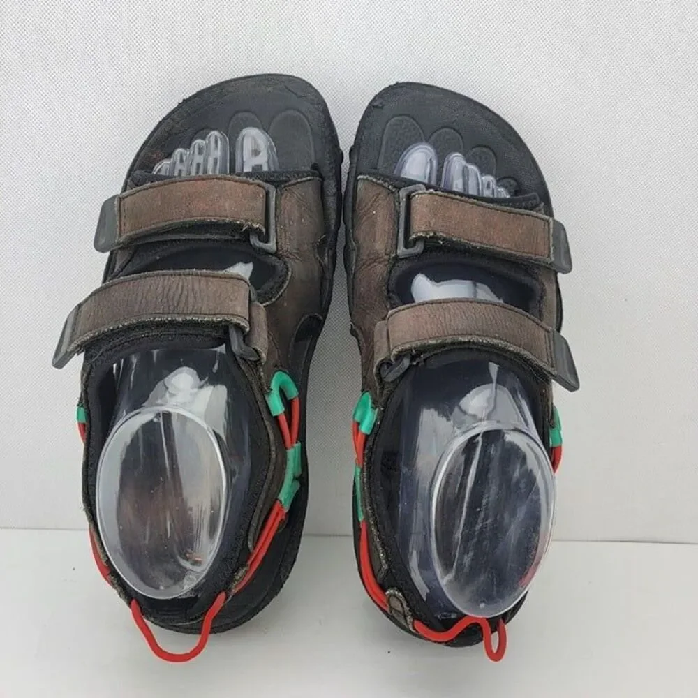 Lands End Kids Size 8 Brown Green Red Leather Hook Loop Outdoors Sandals